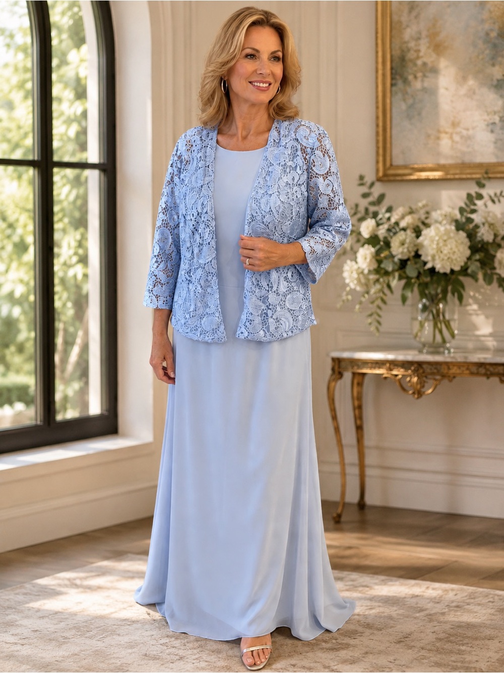 Elegant Light Blue Lace Jacket & Gown Set